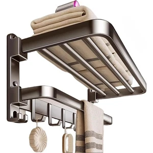 Wall Mounted Foldable Aluminum Towel Rack with Hooks and Storage Shelf - Picture 1 of 4