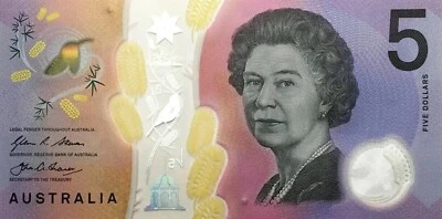 2016 Australia 5 Dollars Queen Elizabeth II  Polymer Circulated Australian - Image 1 of 2