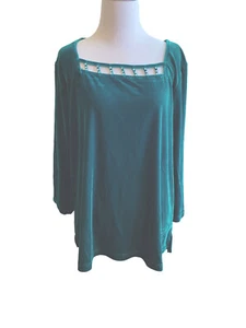 Top donna grande velluto verde collo quadrato manica 3/4 strass quacker factory - Foto 1 di 13