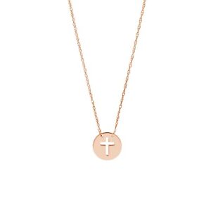 Mini Cross Disc Adjustable Rope Chain Necklace Real 14K Rose Gold Up to 18"