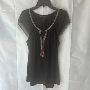 White House Black Market Tunic Top Embellished Womens Blouse M Tassels Black - Picture 1 of 6