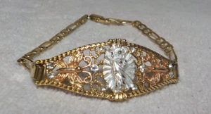 ST JUDAS 750 TRI-COLORED GOLD-PLATED CHAIN-LINK BRACELET 7 3/4" FIT - Picture 1 of 14