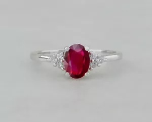 Classic Oval Cut Ruby 925 Silver with Diamonds Accent Solitaire Promise Ring - Picture 1 of 5