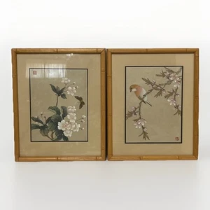 2 Vintage Original Asian Silk Paintings Art Butterfly Bird Flowers Framed 8x10 - Picture 1 of 9