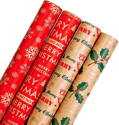 KARRMA LTD. 4 x 3m Christmas Wrapping Paper Roll Kraft Printed X-Mas - Traditional