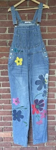 Misslook XL Painted Flower Daisy Hippie Boho Denim Jean Bib Overall Straight Leg - Picture 1 of 13