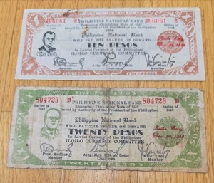 2 x Philippines WW2 Emergency Guerrilla 1942 notes from Iloilo 10 & 20 Pesos - Picture 1 of 2