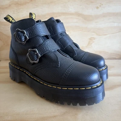 NUEVA Bota de Plataforma Dr Martens Devon Flor Hebilla Cuero Napa Negra Mujer Talla 11 Foto 1 de 4