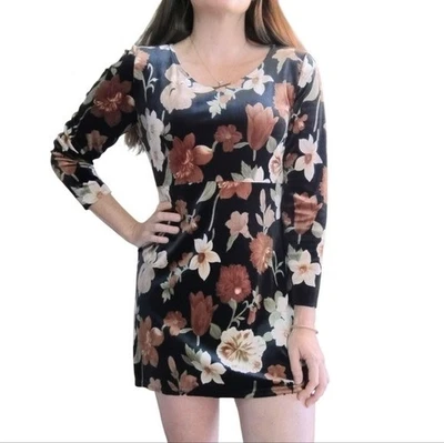 Vintage Maggy London Velvet Floral Mini Dress Womens Medium Black Brown Boho - Image 1 of 4