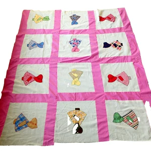 Edredón vintage Sunbonnet Sue apliques años 40 cosido a mano 65x83 pulgadas rosa marco - Imagen 1 de 8