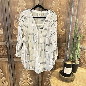 Fig & Flower Anthropologie Roll Sleeve Semi Sheer 2XL Plaid Embroidered C2 - Picture 1 of 6
