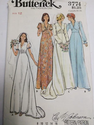 Dress Wedding Bridal Event 12 Butterick 3774 Sewing Pattern UC FF VTG 70s Gown - Image 1 of 4