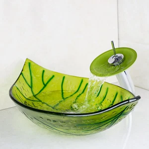 US Green Leaves Bathroom Tempered Glass Vessel Basin Sink with Chrome Faucet Set - Picture 1 of 12