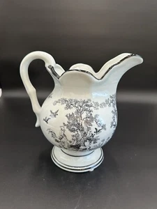 Black & White Toile Rooster 10" Porcelain Pitcher Stamped On Bottom - Picture 1 of 7