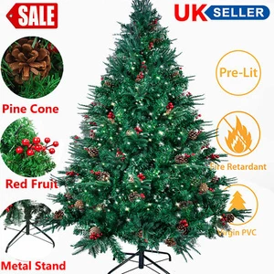 5/6/7Ft Traditional Christmas Tree Xmas Bushy Pine Cone Branches W/Lights Decor - Picture 1 of 83