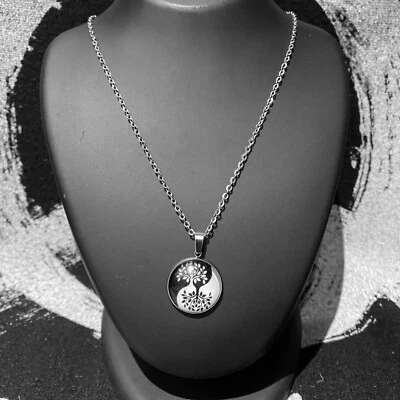 Unisex Stainless Steel Tree Of Life Yin Yang Glass Cabochon Pendant Necklace UK - Image 1 of 4