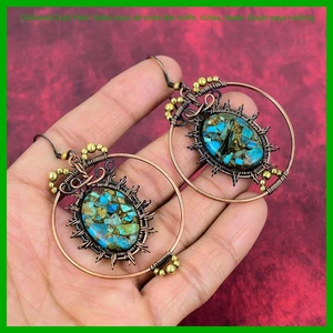 Copper Chrysocolla Stone Copper Wife Gift Dangling Wire Wrapped Earrings Jewelry - Picture 1 of 6