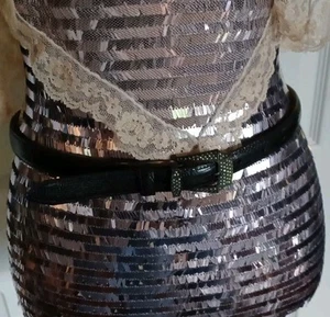 VTG JUDITH JACK GENUINE LEATHER BLACK LIZARD BELT W/STERLING MARCASITE BUCKLE M - Picture 1 of 23