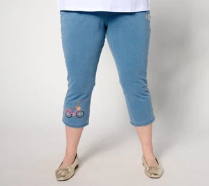Quacker Factory Women's Pants Sz L DreamJeannes Regular Embroidered Blue A636783 - Picture 1 of 4