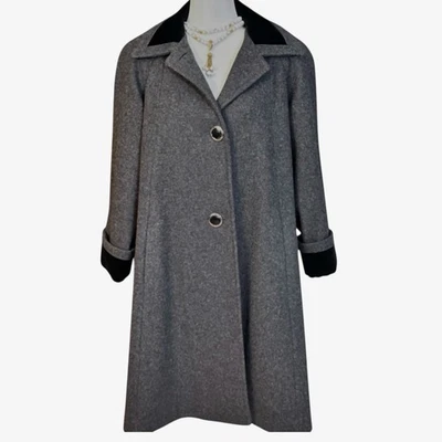 Vintage grey and black wool swing coat with velvet collar and cuffs - Image 1 of 4
