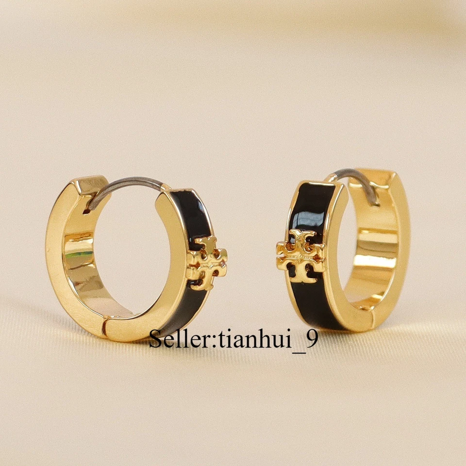 全新! Tory KIRA 珐琅 HUGGIE 耳环经典优雅女士小环黑色 — 第 1/3 张图片