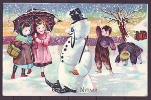 Postal de Año Nuevo g2975/Dinamarca 1913 # Niños jugando con muñeco de nieve - Imagen 1 de 2