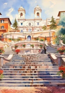 Spanish Steps Wall Art Poster Romantic Rome Watercolour Picture Print - Picture 1 of 6