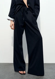 new ZARA pinstripe suit wide leg trousers&belt,black&blue stripe,dresspants,XS,S - Picture 1 of 12