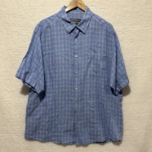 Talbots Men’s Blue Button Down Shirt Plaid Short Sleeve 100% Linen Shirt XL - Picture 1 of 12