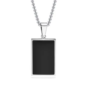 Men's Necklace Stainless Steel Black Enamel Pendant Engravable Silver Chain 60cm - Picture 1 of 6