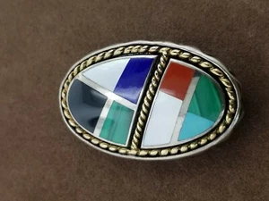 Asch Grossbardt 18k Gold Silver Multi Stone Inlay Brooch Pin Lapis Coral Pearl - Picture 1 of 6