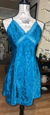 Camisón Adonna Talla M Chemise Satinado Azul Brillante/Verde Deslizable Ajustable Foto 1 de 4