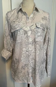 Express The City Shirt S Small Blue Pink Tan Striped Floral Long Sleeve Blouse - Picture 1 of 6