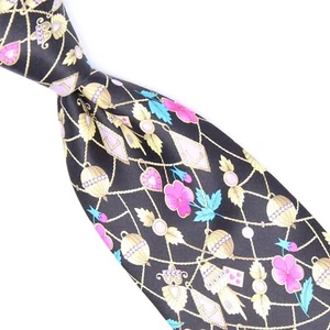 Leonard Paris Mens Silk Necktie Black Gold Chain Charm Pink Teal Floral Tie - Picture 1 of 8