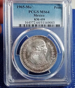 MEXICO $1 UN PESO 1965 MORELOS ( PCGS MS-64) SILVER COIN KEY DATE!!!!!! - Picture 1 of 2