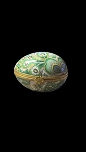 LIMOGES FRANCE PORCELAIN EGG SHAPED PAISLEY PEACOCK TRINKET BOX VINTAGE - Picture 1 of 6