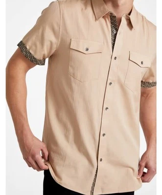 Guess Factory Antwon Beige Pocket Dobby Button Up Shirt Men's Regular Fit Size M - Image 1 of 4