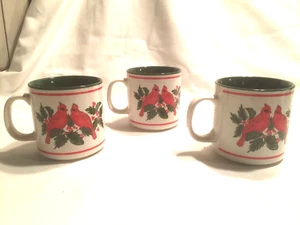 3 Christmas Holiday Cardinal Holly Coffee Tea Mugs Lefton China Ceramic 1988 VTG - Picture 1 of 5