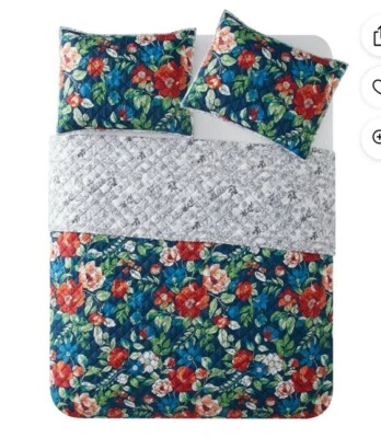 NUEVO Edredón y fundas Mainstays rojo y azul floral acolchado estándar Queen Foto 1 de 4