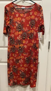 Lularoe - Julia dress XL - Burnt Orange / Red Floral & Fleur de Lis Design - NWT - Picture 1 of 17