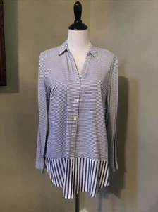 J Jill Tunic Top Blouse Size Medium Blue White Stripe Long Sleeve Button Down - Picture 1 of 7