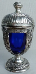Vintage Chalice White Metal Cobalt Blue Glass Japan "Y" Pat 55853 Roses 16 cm H - Picture 1 of 22