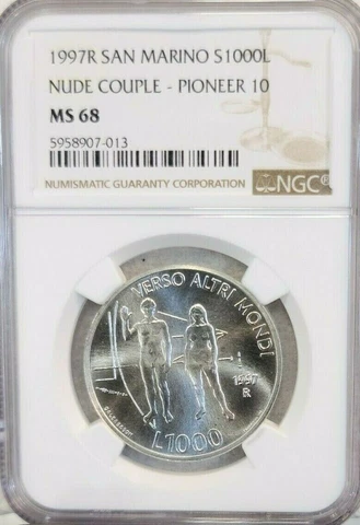 1997 SAN MARINO SILVER 1000 LIRE NUDE COUPLE PIONEER 10 NGC MS 68 RARE TOP POP 1 Cover