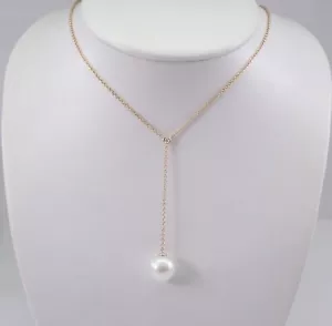 Perle und Diamant Lariat Halskette 14K Gelbgold Hochzeit Anhänger Kette 13,5 mm - Bild 1 von 7