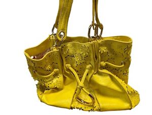 Jessica Simpson Mustard Yellow Floral Shoulder Bag Satchel Tote Laser Cut Leathe