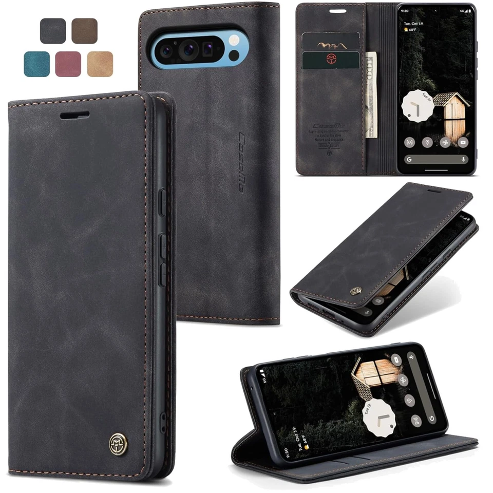 Custodia in Pelle per Google Pixel 9 Pro XL con Funzione Kickstand e Slot Carte - Immagine 1 di 2