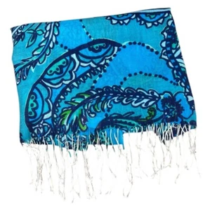 Lilly Pulitzer Blue Paisley MURFEE SCARF WRAP Silk Cashmere Twisted Fringe - Picture 1 of 8