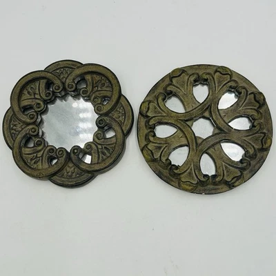 Vintage Ornate Round Celtic Framed Mirrors 5.5" Diameter Set of 2 Hooked Back - Image 1 of 4