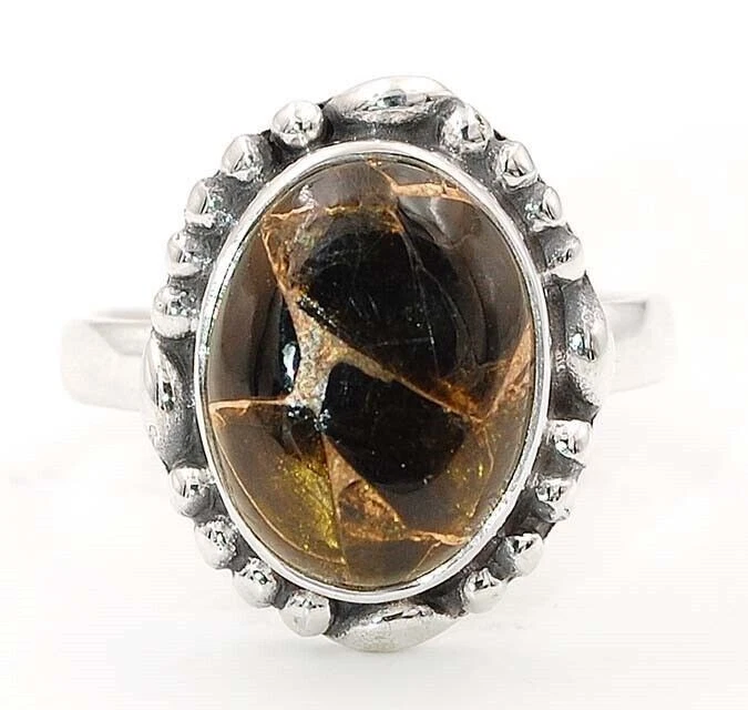 Joia anel de prata esterlina maciça turquesa preta natural 925 tamanho 8 @B19-5 - Imagem 1 de 2