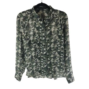 Karl Lagerfeld Womens Top Blouse Silk Blend Sheer Cutouts Camouflage Green US S - Picture 1 of 5